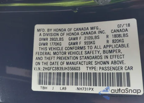 2018 Honda Civic Ex-T z USA, uszkodzony, nr VIN 2HGFC3B39JH356603